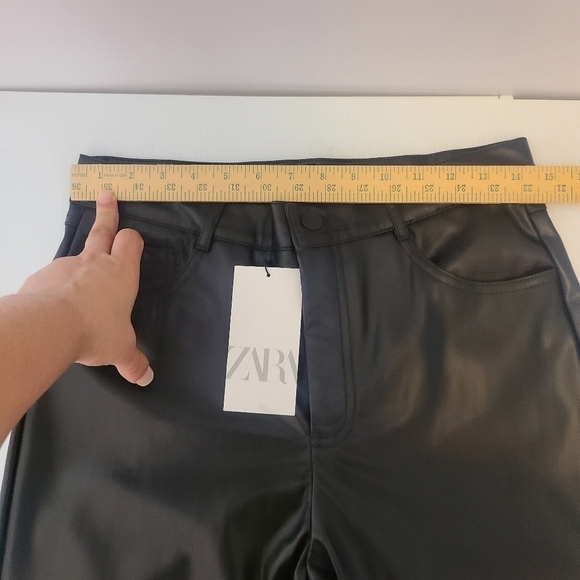 Zara pants leather faux  straight leg black womens high waisted 5 Pockets zip - Picture 16 of 16